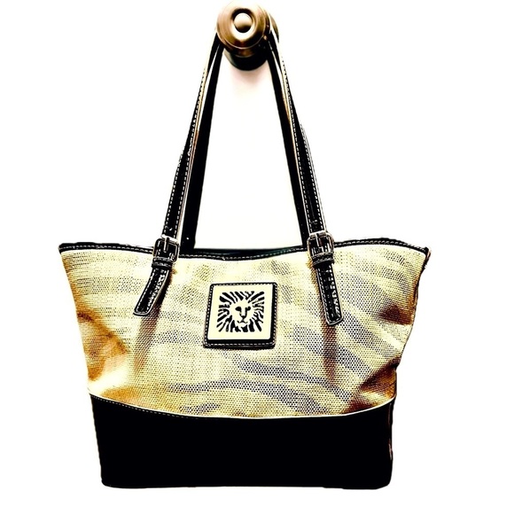 👜✨ ANNE KLEIN Gold Woven & Black Patent Tote | 16” x 10” | Bright Pink Lining - Picture 1 of 8